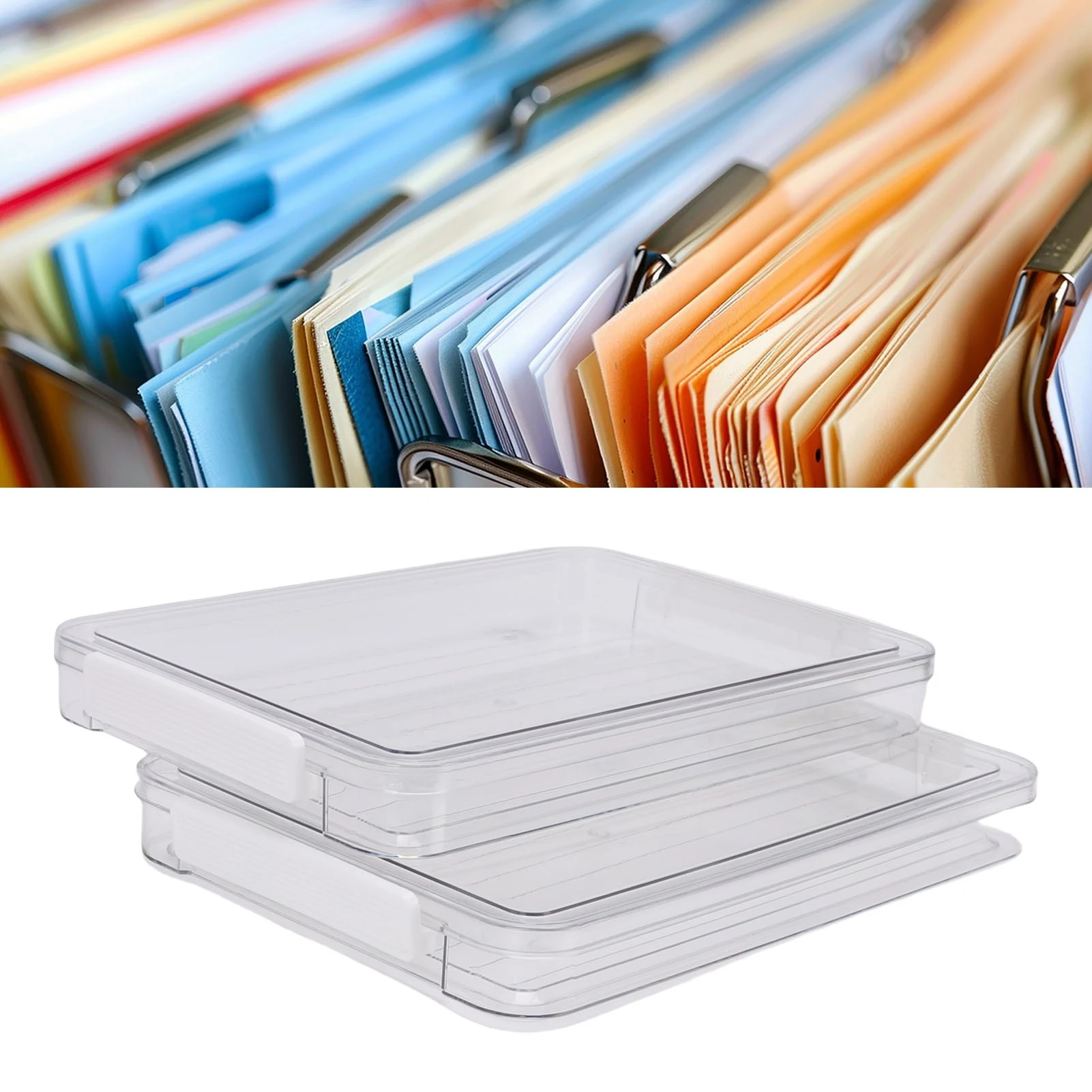 

2Pcs Flat Plastic File Storage Bins with Latching Lids Document Organizer Transparent Stackable Portable Project Box for A4 Size