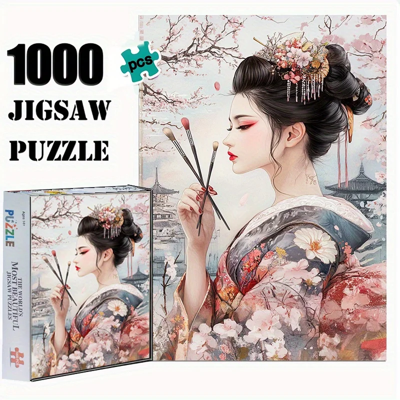 1000-teiliges Puzzle für Erwachsene – japanische Geisha mit Kirschblüten und Pagodenlandschaft, kratzfest, langlebig, hochwertig