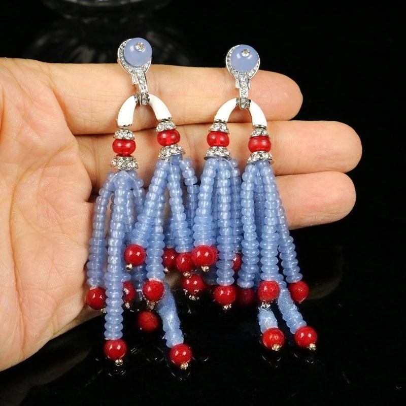 Women's 2025 Blue Abacus Beads Long Tassel Earrings Rice Beads Contrast Color Ear Accessories Ladies Jewelry Banquet Gifts