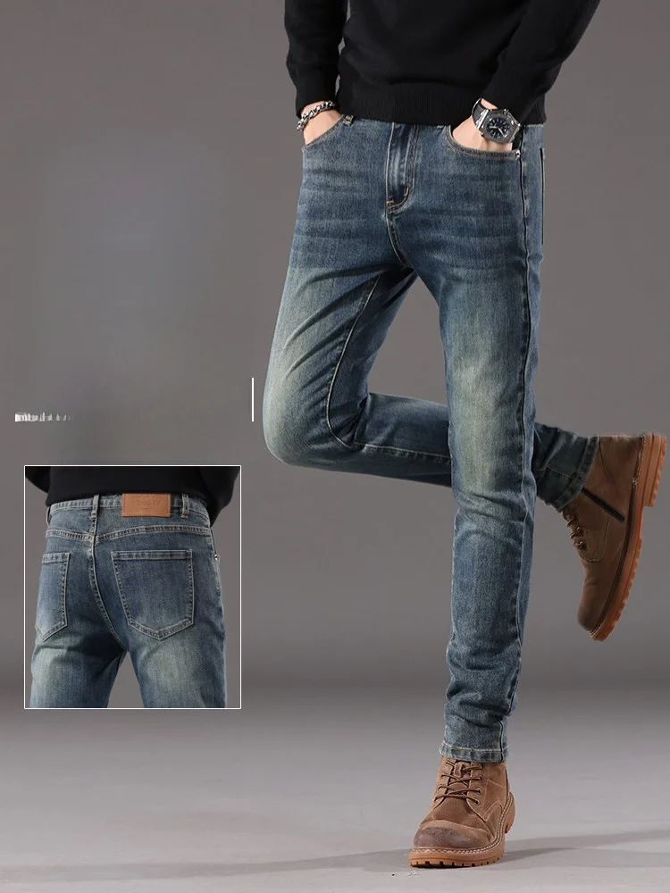 

Мужские джинсы премиум-класса в стиле ретро, зауженные, на флисовой подкладке, с эластичными манжетами, повседневные брюки, модные городские, со средней посадкой, на молнии