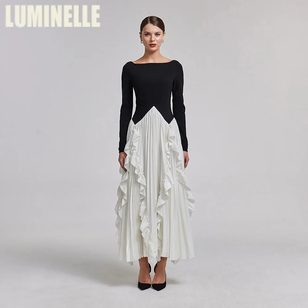 

Boat Neck Crepe Evening Dresses Twist-Waist Velvet Dress for Women A-line Asymmetrical Hem Full Sleeve Formal Gown Customized