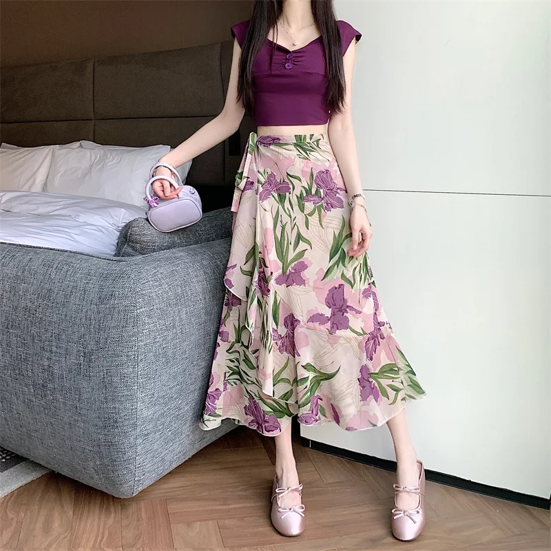 High Waist Floral Print Half Skirt  Ultra Fairy Ibis Flower Beach Dress Slimming Midi Length Polyester Fiber Skirt