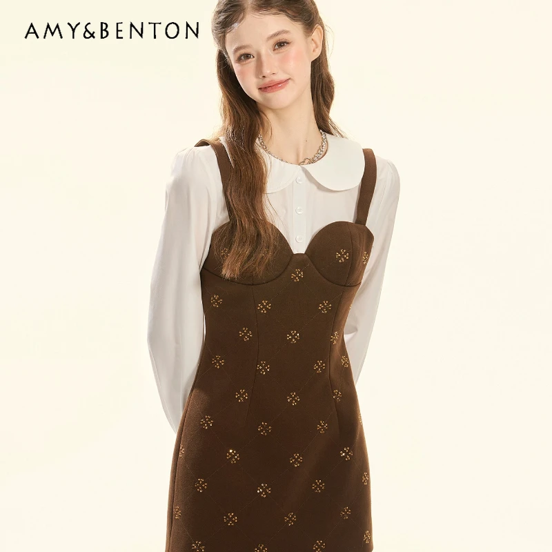 

Vintage Design Handmade Beaded Splicing Faux Two-Piece Woolen Women's Dress Autumn Winter New Sweet Cute Slimming Dresses Ladies