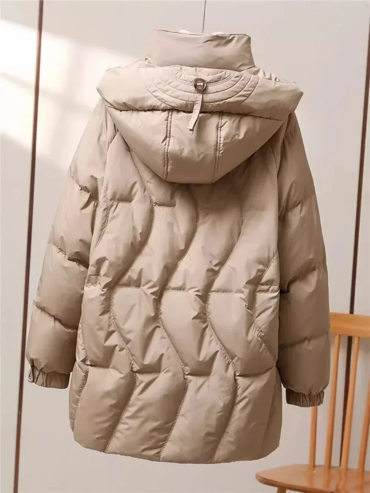 الأبيض بطة أسفل سترة المرأة الدافئة منتصف طول سترة منفوخة 2025 جديد الخريف الشتاء موضة عادية مقنع بطة أسفل معطف الإناث #4