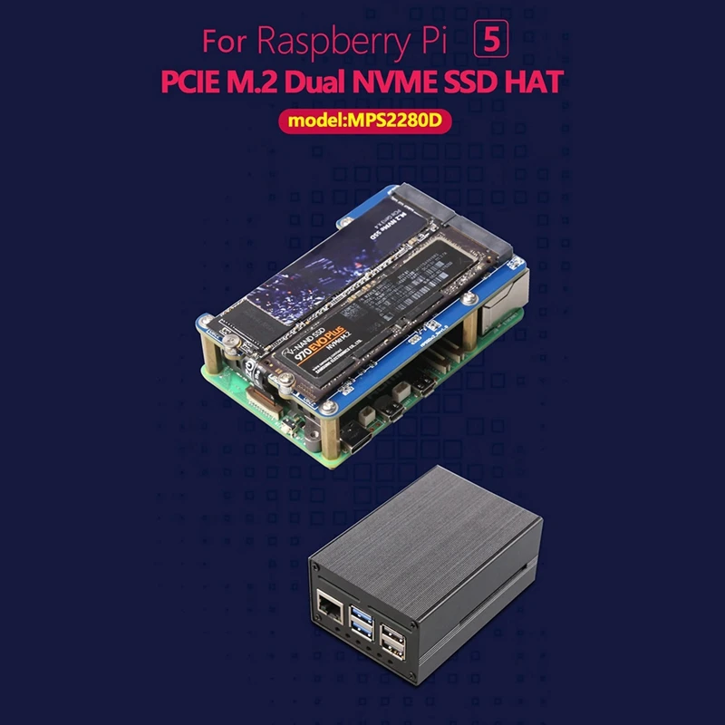 MPS2280D For Raspberry Pi 5 PCIE To M.2 Dual NVME SSD HAT+Case+SSD Heat Sink/Pi5 Fan PCB Computer Accessories