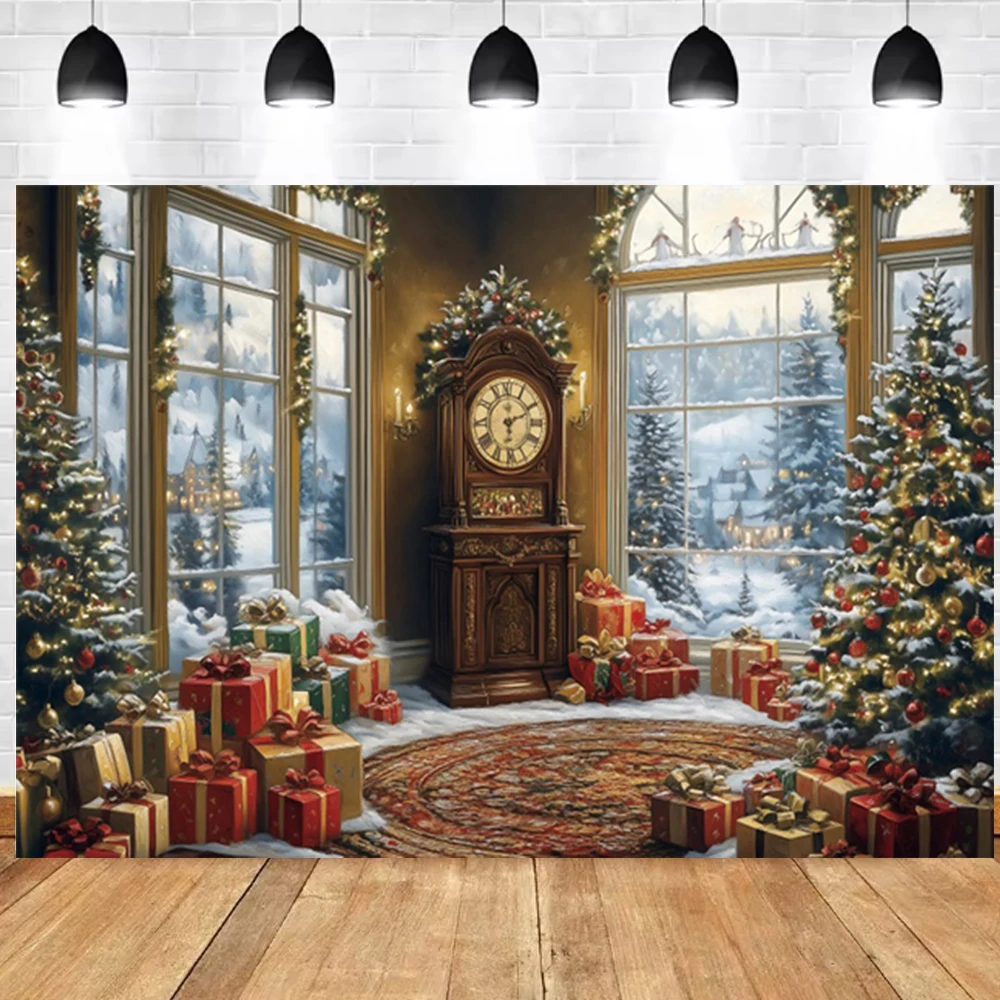 Christmas Photography Backdrop Retro Big Clock Xmas Tree Gifts Kids Family Christmas Birthday Party Decor Photo Background Props