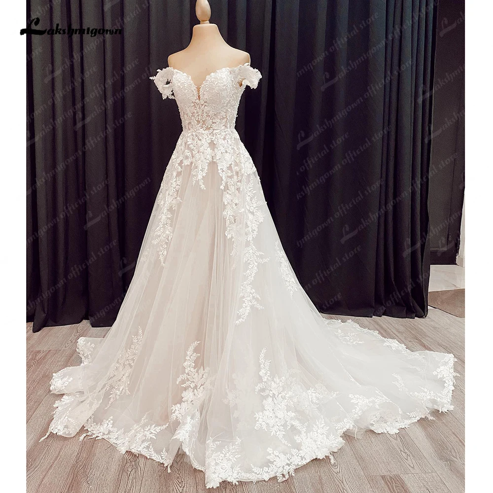 Lakshmigown Classic V Neck Wedding Dresses For Women 2025 Customized A Line Off The Shoulder Lacing Up Court Train Bride Gown