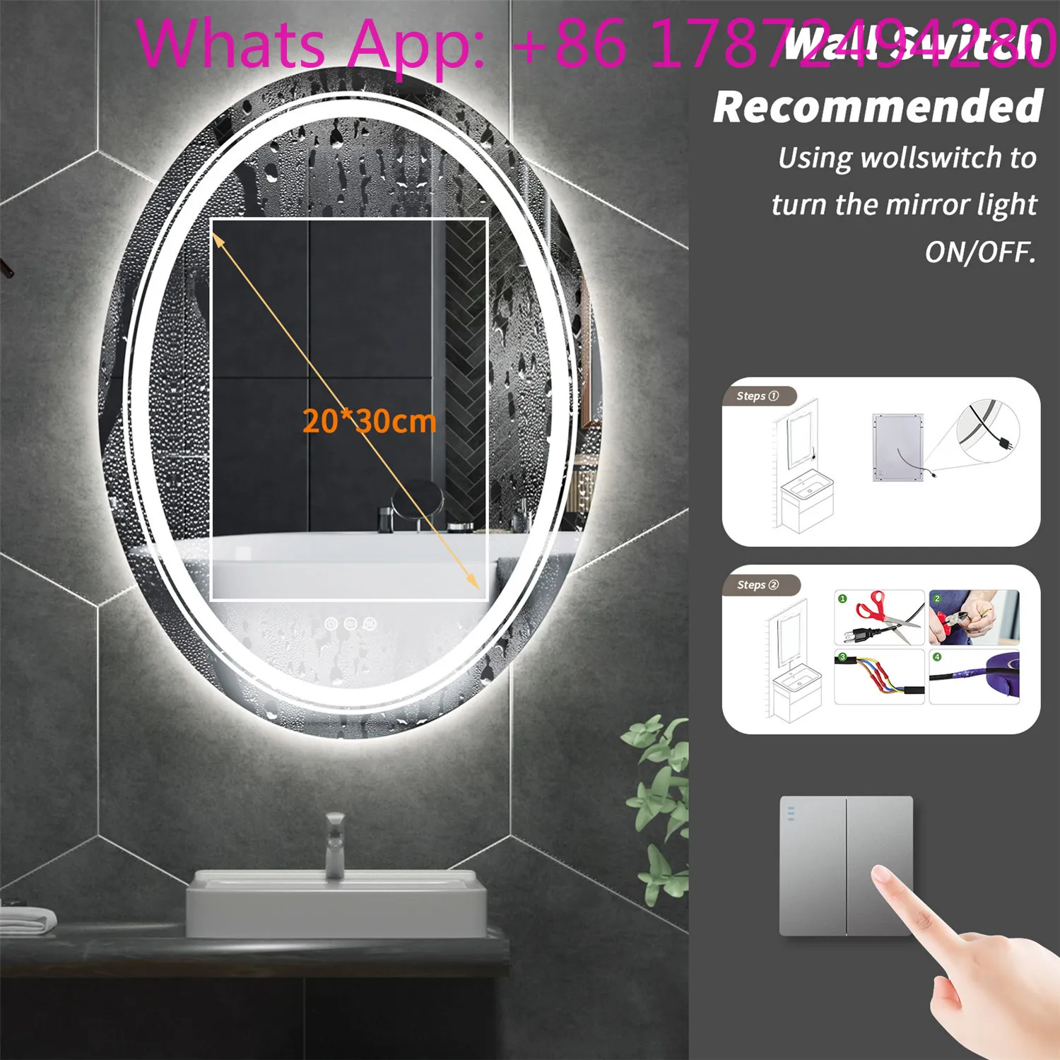 with Demist Illuminated Vanity Mirror Oval LED Bathroom Mirror Dimmable Light Wall Mounted Makeup Mirror