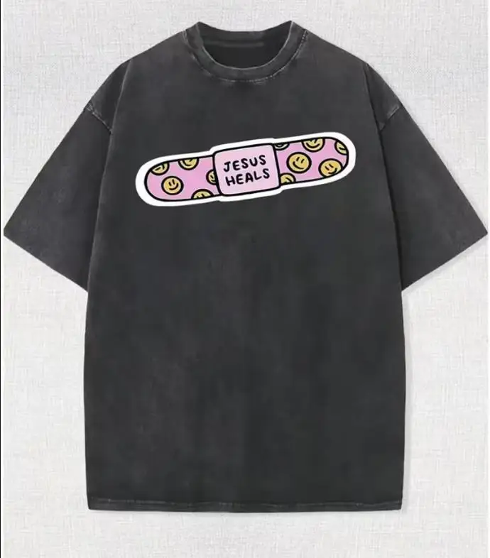 Christian Jesus Heals Graphic T Shirt Men Vintage Acid Wash Oversized Tee Streetwear Heavyweight Cotton Faith Religious Top Unisex 2026