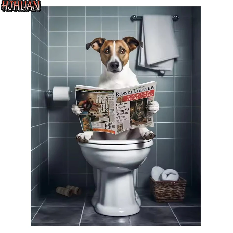 DIY Diamond Painting Dog squatting on the toilet reading the newspaper Full Square Home Decoration Embroidery Handcraft Art Kits