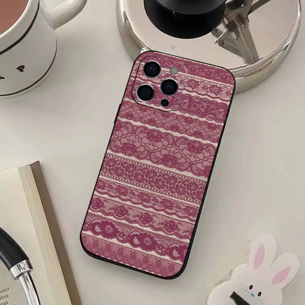 Lace Texture Print Phone Case For iPhone 17,16,15,14,13,12,11 Plus,Pro Max,XS,Soft Black Cover