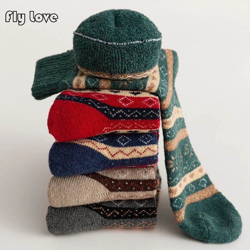 Retro 5 Pairs Winter Wool Socks for Women Thermal Thickened Terry Towel Ethnic Style Love Floral Pattern Breathable Warm Socks