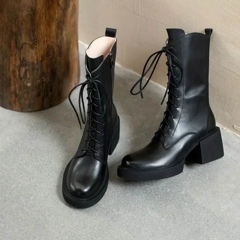 Half High Boots for Women Round Toe New In Winter Mid Calf Shoes Woman Comfortable and Elegant on Promotion Spring Pu