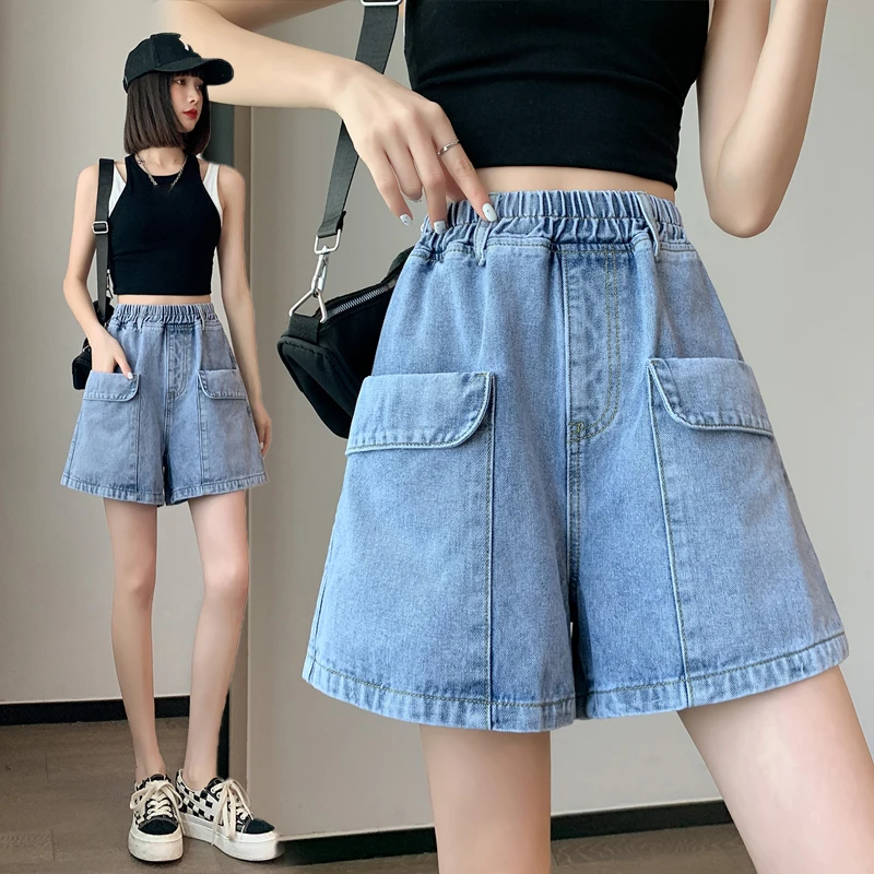 Shorts jeans de cintura elástica feminino, cintura alta, jeans curto de perna larga, streetwear simples, feminino que combina com tudo, casual, novo, verão