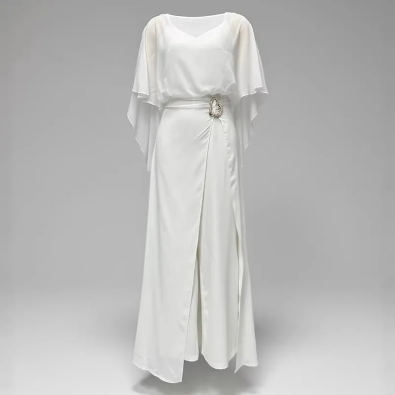 2026 New Women White Chiffon Jumpsuit Elegant Formal Evening Party Wide Leg Mesh Sleeve Prom Wedding Guest Cocktail Dress Set view 4