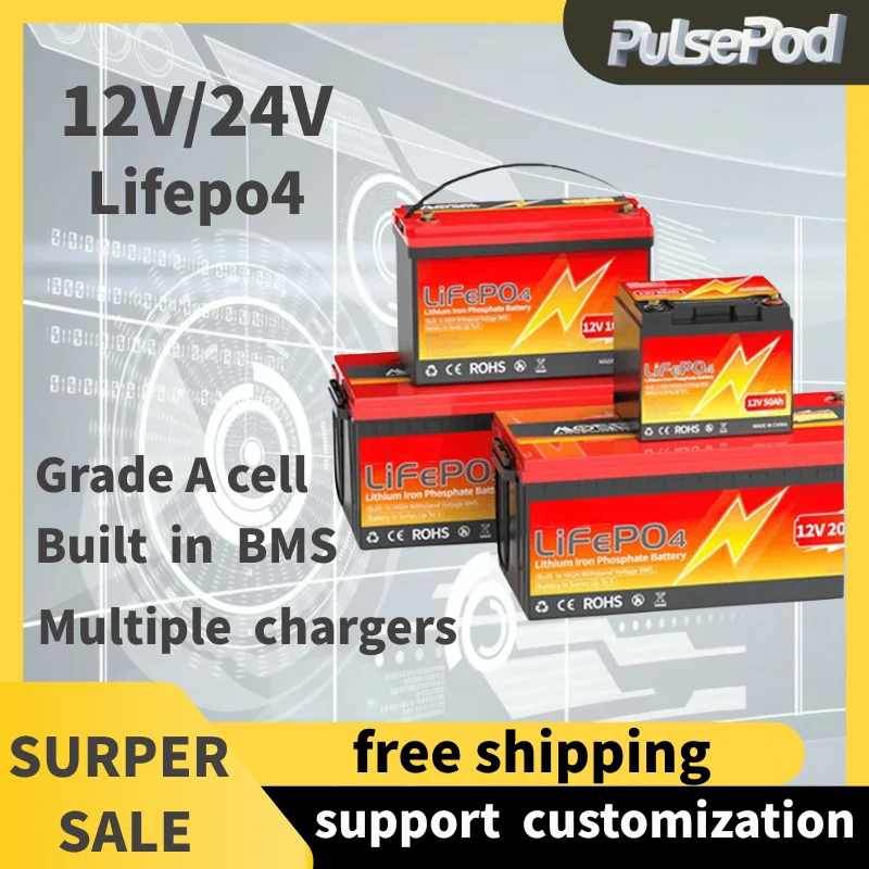 

PulsePod LiFePO4 Battery 12V 24V 100Ah 200Ah Lithium Iron Phosphate Batteries Smart Bluetooth BMS Deep Cycle for RV Camper Solar