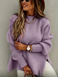 Autumn Winter 2024 Lady Sweaters Female High Neck Knit Pullover Women Lazy Round Neck Kink Solid Oversize Sweater