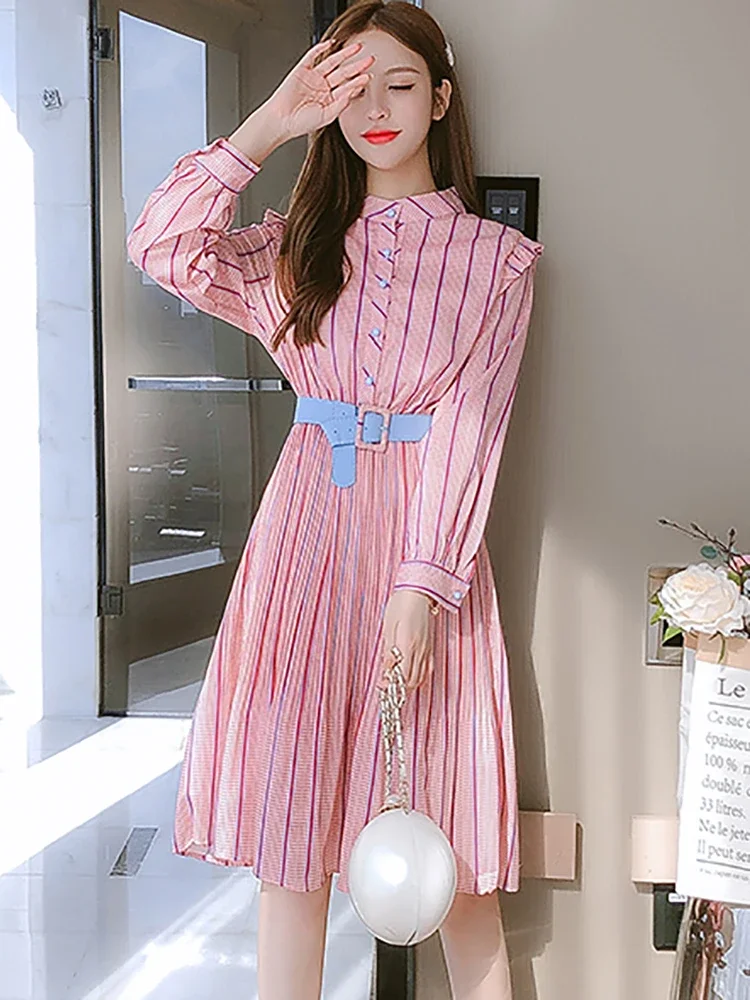 Vestido Midi a rayas de manga larga para mujer, elegante vestido informal para el hogar, Bodycon coreano para fiesta y Festival, color rosa, Otoño, 2024