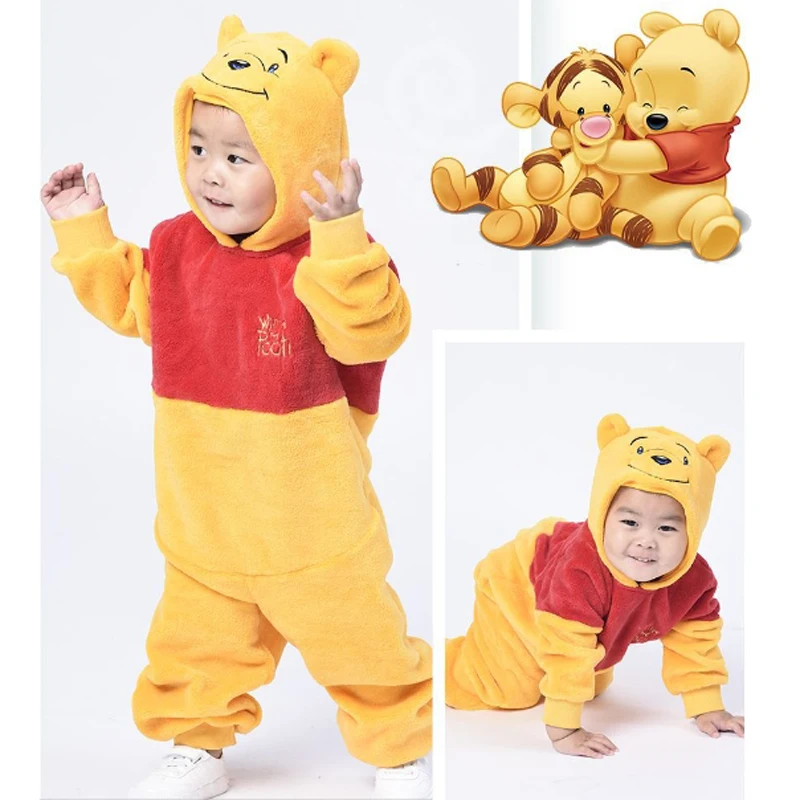 Disney Pajamas Pooh Bear Child Siamese Pajamas Tigger Long Sleeves Tracksuit Cute Baby Hooded Crawling Clothes Wholesale