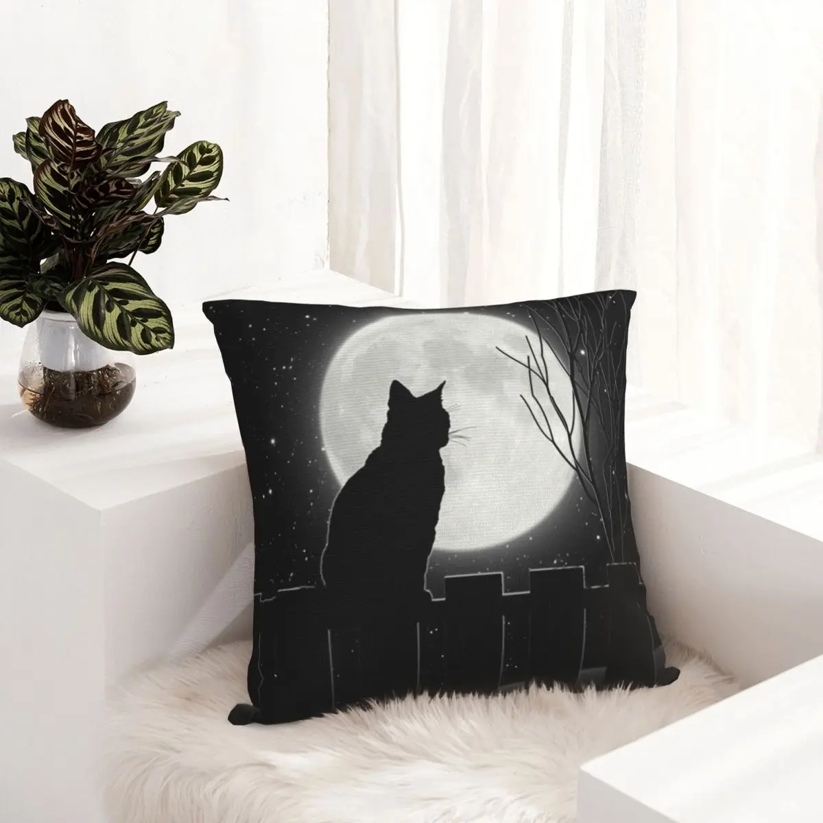 Cat Looking At Full Moon Pillow Cover Silent Night Kawaii Pillow Case Soft Graphic Cushion Cover Pillowcases For Sofa Home Decor