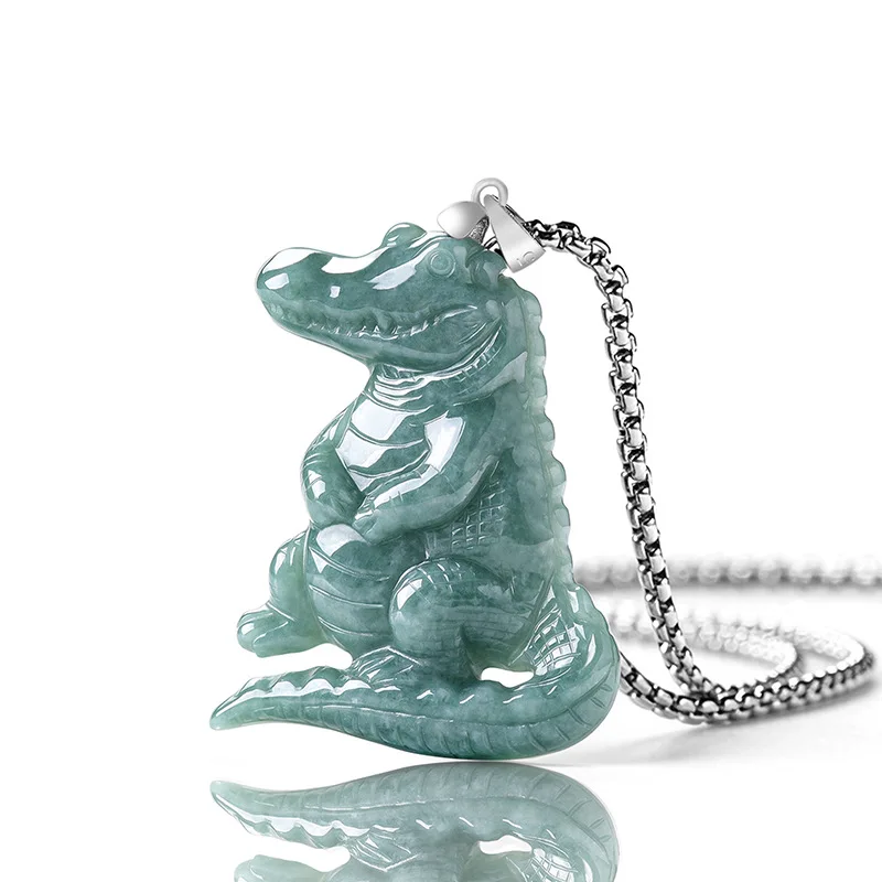 Grade A Natural Myanmar Jadeite Crocodile Pendant Necklace Real Jade Charm 925 Silver Carved Amulet Talismans Gifts for Women