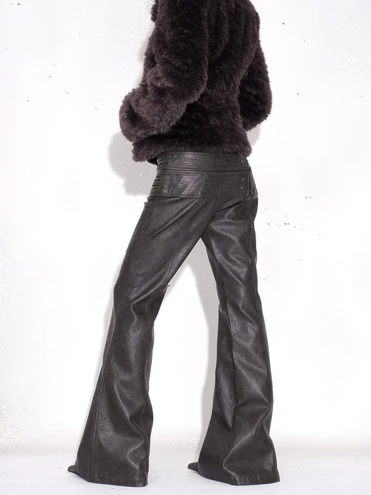 Lautaro Spring Autumn Distressed Pu Leather Flare Pants Women High Waist Grunge Punk Style Luxury Emo Clothes Streetwear 2026