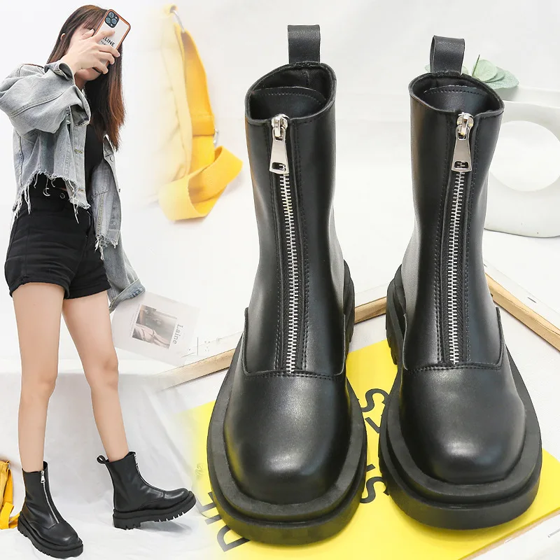 Square Ankle Boots Autumn Comfortable Soft Leather High Heel Boots Women's Fashion Zipper Simple Temperament Women's Shoes