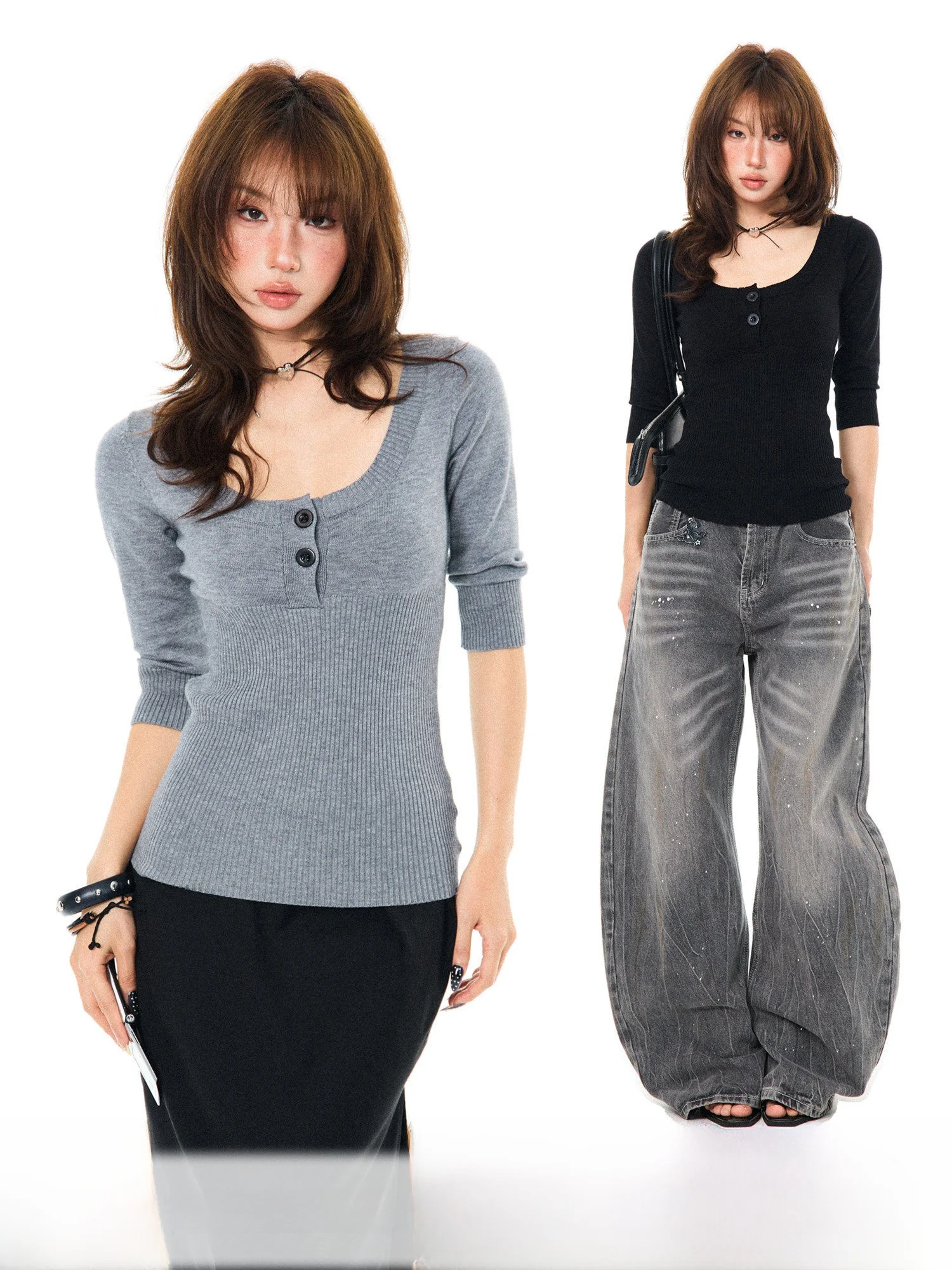 

Slim Fit Knitted Sweater Women's ey 3/4 Sve U-Ne Inner Wear Top Young Stage Spring Simple Sli Casual Faion