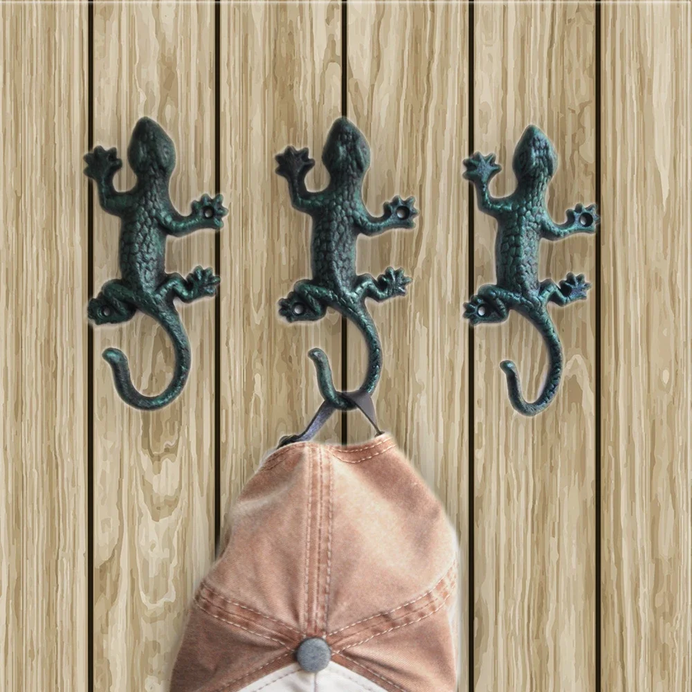 1pc Iron Gecko Wall Hook Green Rustic Hanger Lizard Creative Antique Vintage European Kitchen Bathroom Home Decor Key/Coat/Bag