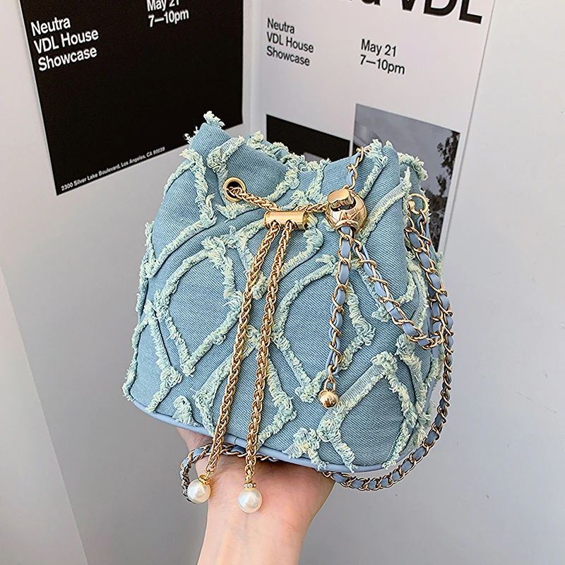 

Portable Pearl Denim Bucket Bag Chain Small Purse Tassel Denim Crossbody Bag Korean Style Handbag Cloth Shoulder Bag Party