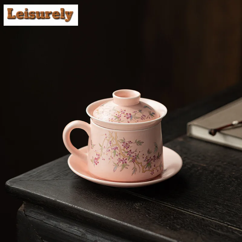 

230ml Pink Glaze Wisteria Flower Filter Tea Separator Cup Ancient Tea Mug With Infuser Tea Soaking Office Water Cup Teaset Craft