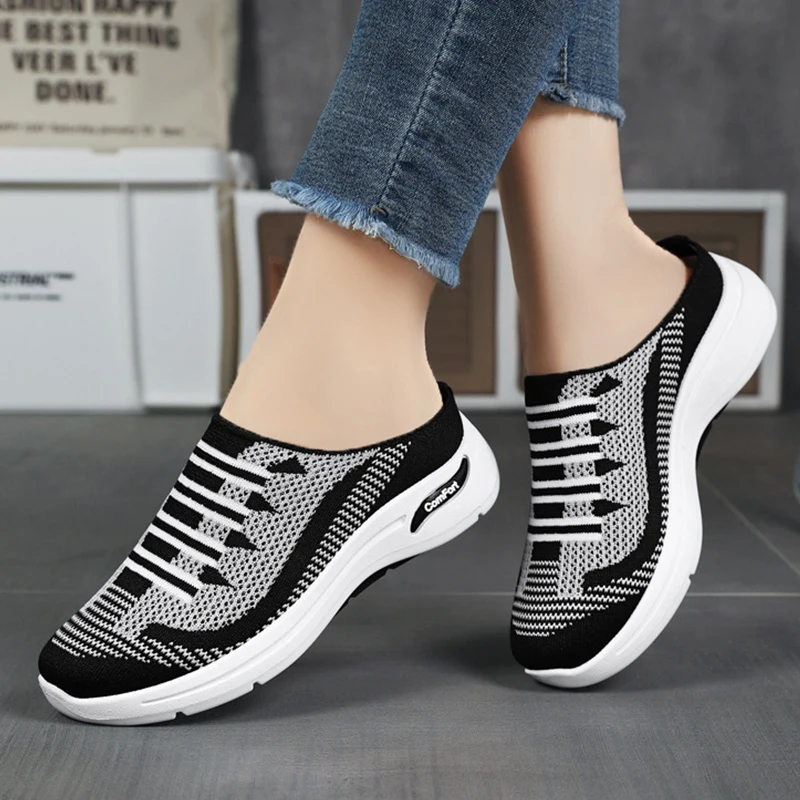 Women's Walking Sneakers Casual Anti-slip Breathable Half Mules Flat Shoes Women's Home Anti-slip Office Casual Shoes