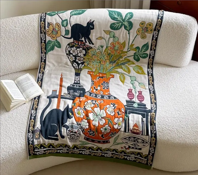 

Retro Blanket Cat Pattern Bath Towel with Floral Design for Naps Cotton Handmade Shawl Wrap Or Tapestry for Living Room Sofa