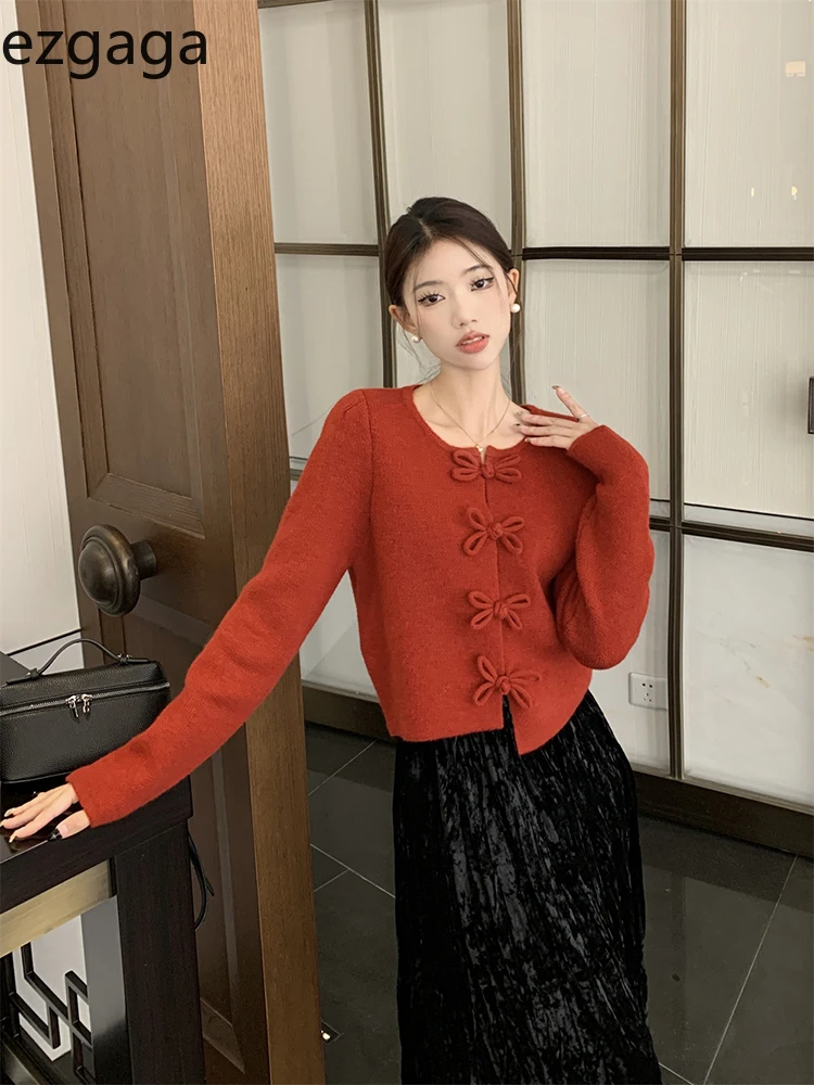 Ezgaga Knitted Cardigan Women Vintage Irregular O Neck Winter Spring New 2024 Fashion Cropped Sweater Female Elegant Tops