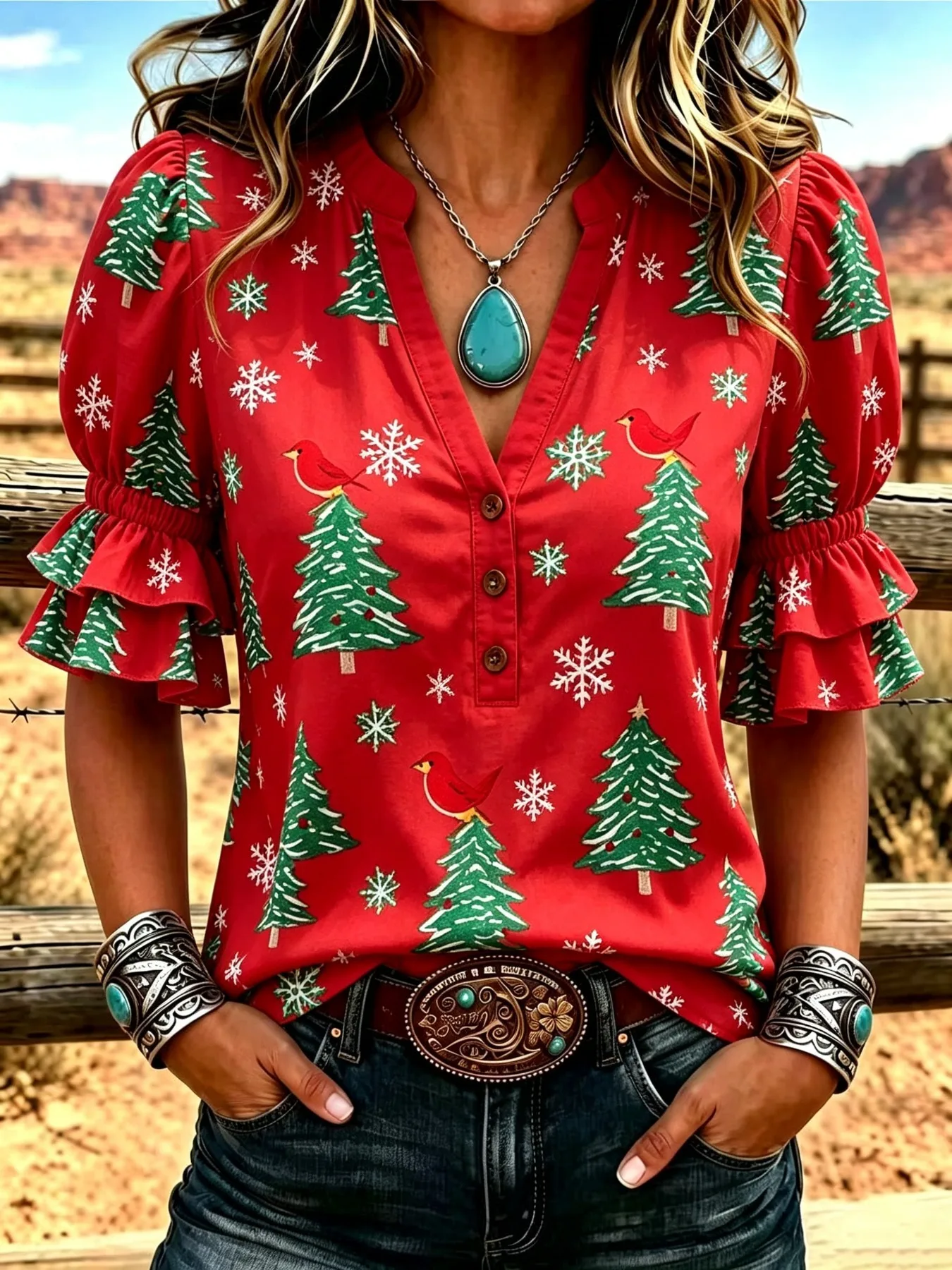 Women Short Sleeve Shirt Christmas Snowflake Plaid Print V Neck Ruffle Cuff Holiday Top Women's Clothes