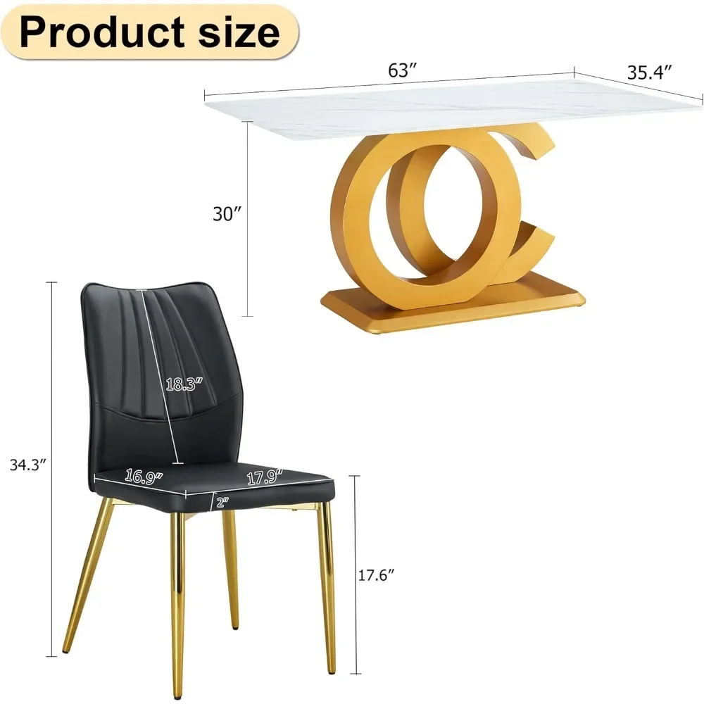 63" dining table set for 6 people, 7-piece dining table set, faux marble dining table top, gold base, 6 dining chairs