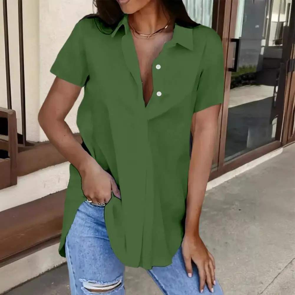 Blusa de Color liso para mujer, camisa elegante con cuello en V para oficina, Jersey holgado de manga corta para verano