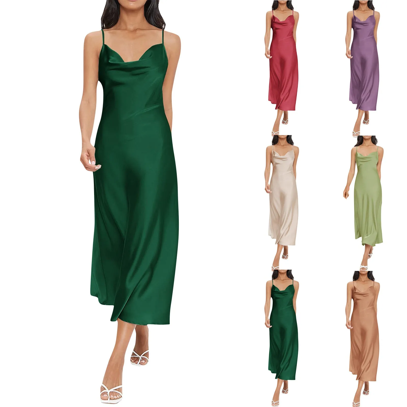 Women'S Summer Dress Slim-Fitting Sexy Hip-Hugging Fashion Solid Color Satin Suspender Dress Deep V-Neck 2024 Dress Vestidos