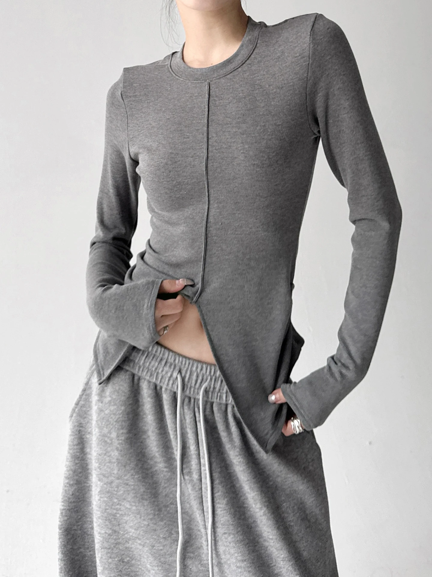 Koreaanse Sle round Ne Long Sve ort T-shirt dames slim fit rits ey super mooie casual top voor herfst winter