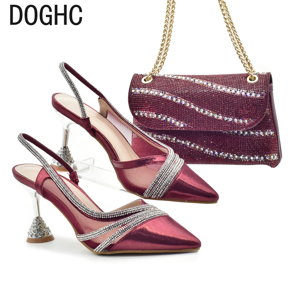 

Fashion Pointed Toe Ladies Sandal Shoes Matching Bag Set Woman Designer Shoes Africa Shoe and Bags Set Decorated with Rhinestone