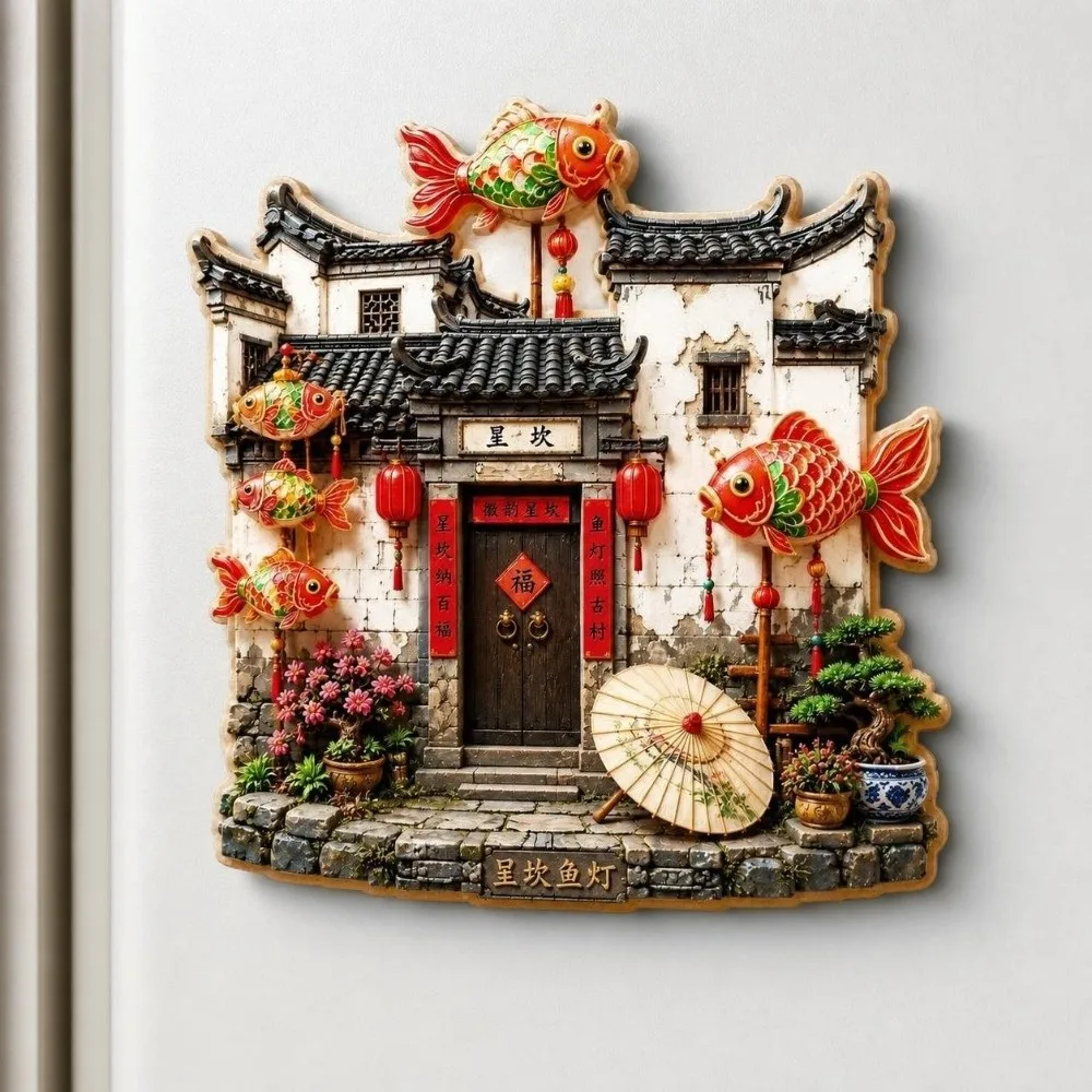 Chinese Style God of Wealth Refrigerator Magnet Shop Shape Rustic Style Home Decoration Foods House Magnetic Sticker Magnet