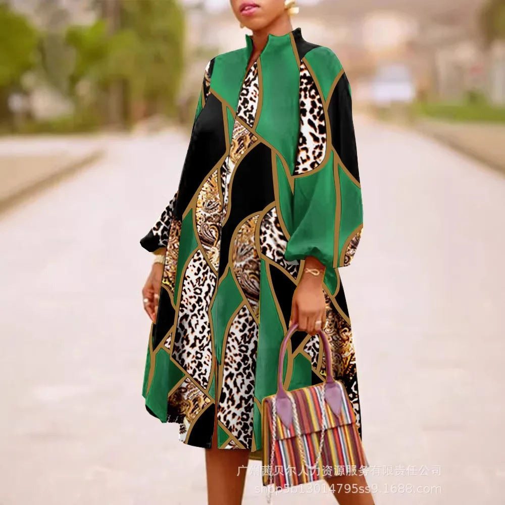 

Women Spring Summer Fashion Loose Dress 2026 Printed Long Sleeve V-Neck Dress