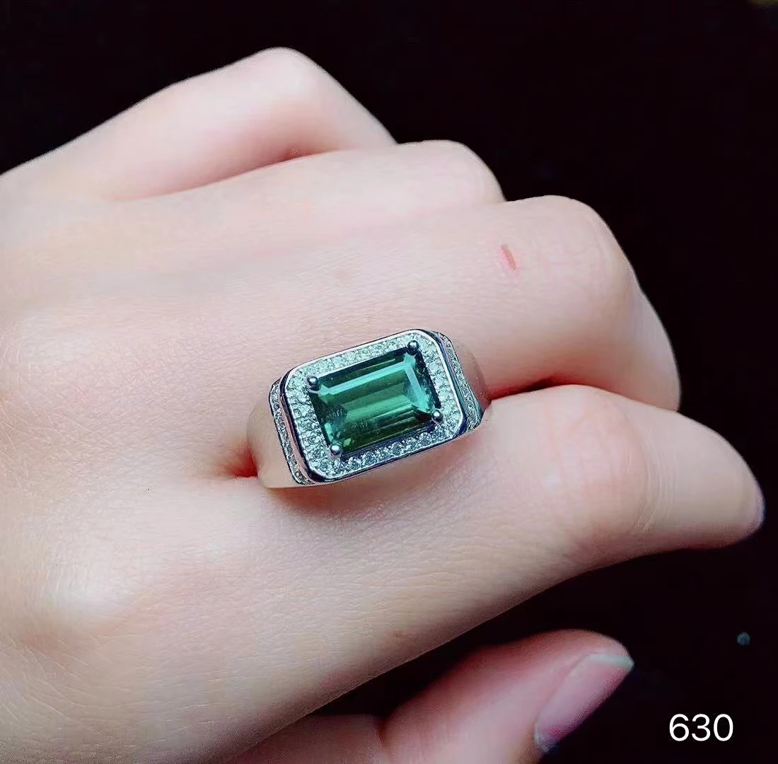 خاتم التورمالين الأخضر الطبيعي لعام 100% للرجال خاتم فضة من التورمالين مقطوع بالزمرد 925 مجوهرات من الفضة التورمالين هدية لصديقها