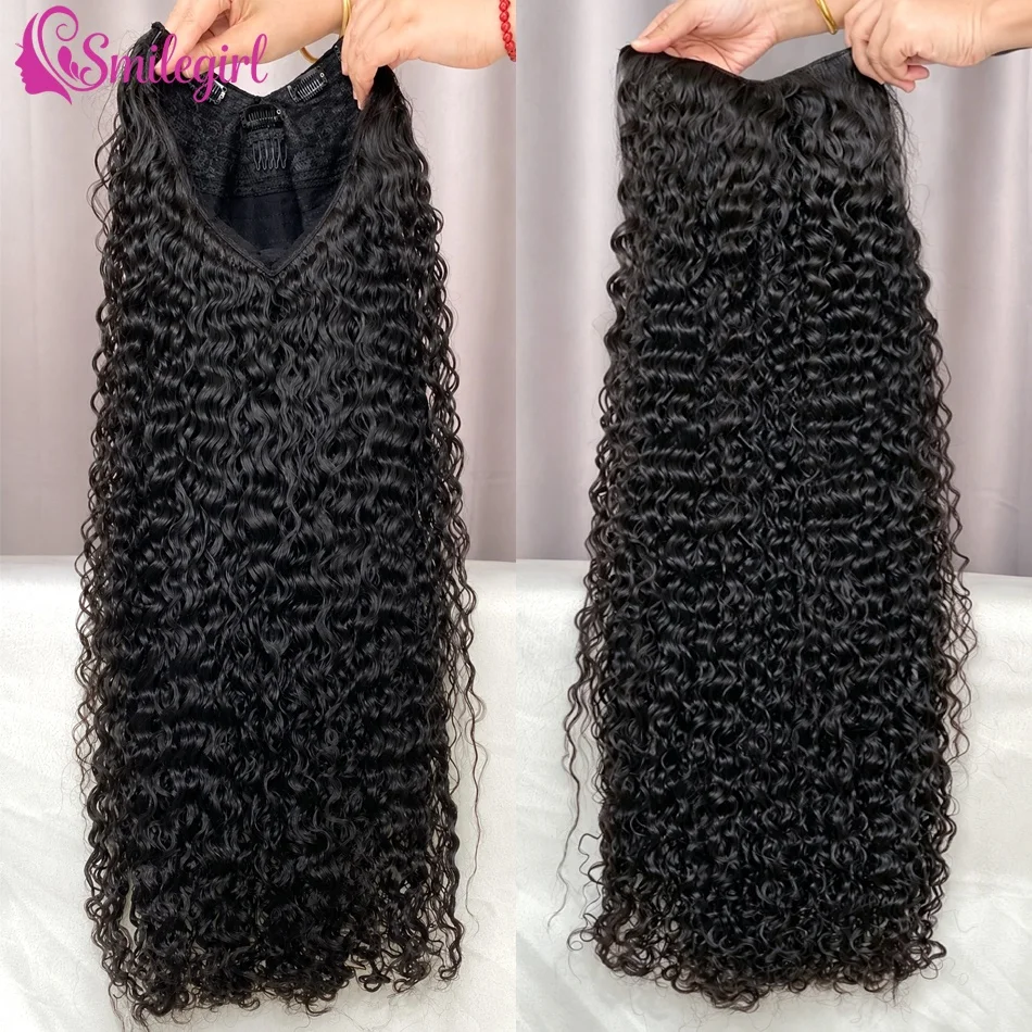 Perruques bouclées en V, cheveux humains brésiliens, ondulations profondes, sans couture, sans colle, densité 250, noir naturel, pour femmes, 30-36 pouces, ondulations aquatiques