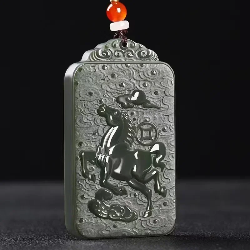 Natural Hotan Jade Blue Jade Hand Carved Horse Pendant Men's Magnificent Exquisite Amulet Heqi Necklace Advanced Jewelry Gifts