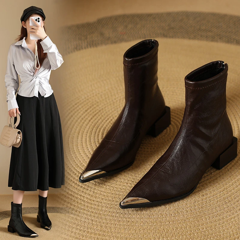 

2025 Winter Women Fashionable and elegant Boots Pointed Toe Heel Stretch Leather Women Short Winter High Heel Boots