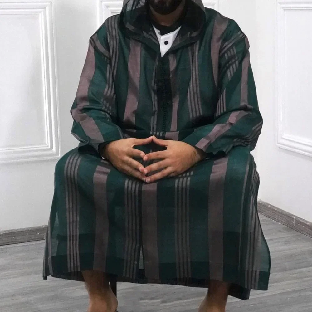 2024 Men's Islamic Arabian Striped Patchwork Hooded Jubba Thobe Zipper Muslim Robe Streetwear Casual Loose Arabian Islamic Robe