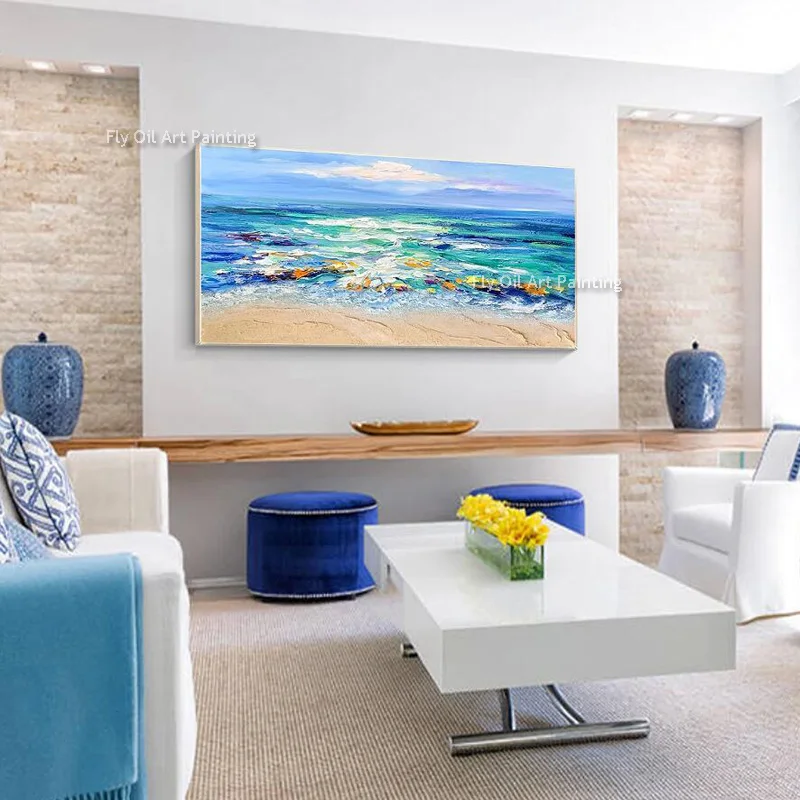 Large Blue Beige Ocean Side Landscape Oil Painting Navy Blue People Surfing Wall Art Decor For Home Handmade Sea Sunset Artwork
