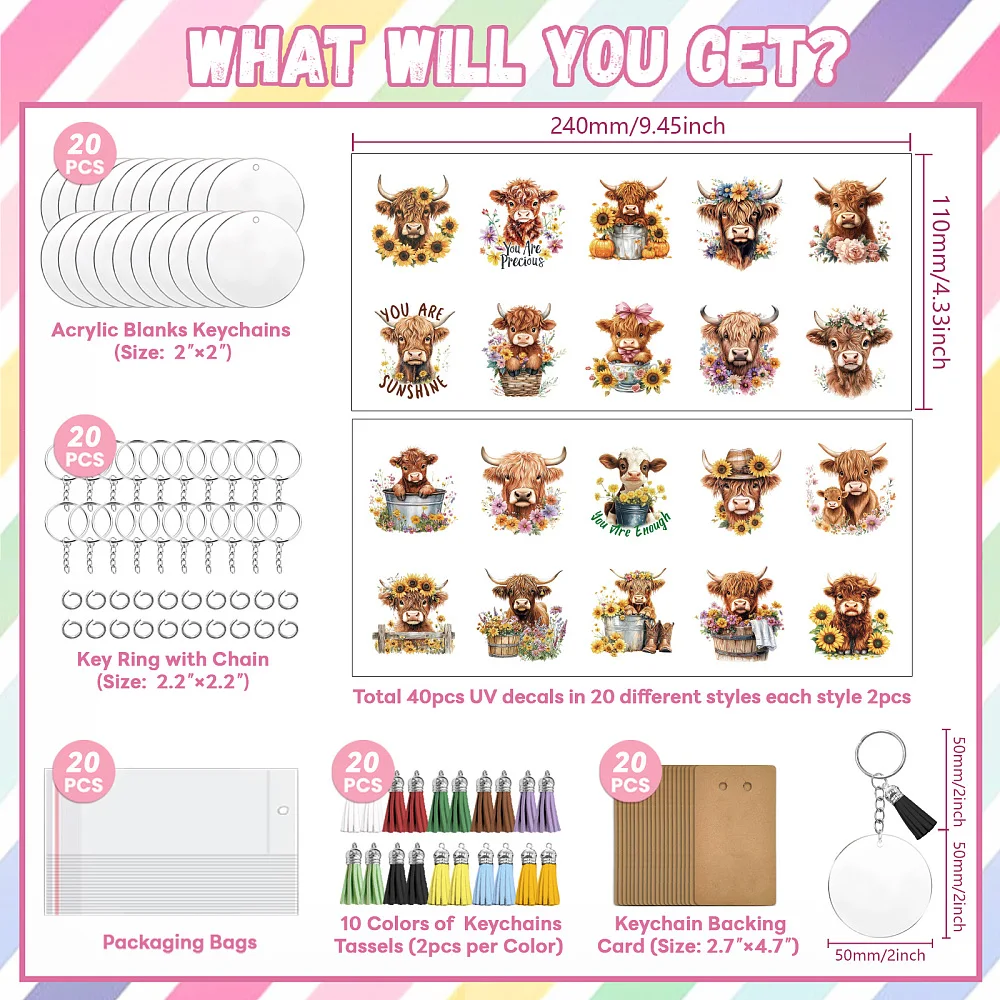 160Pcs Acrylic Keychain kit with UV DTF Cold Transfer Stickers Highland Cattle and Sunflower Waterproof Round DIY Acrylic Key