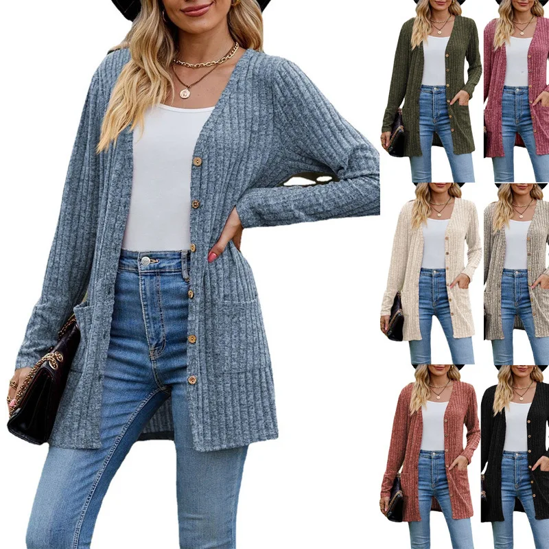 New Spring Autumn Women's Cardigan Brushed Pit Stripe Solid Color Long Sleeved Women's Cardigan Jacket Women's Clothing 2024